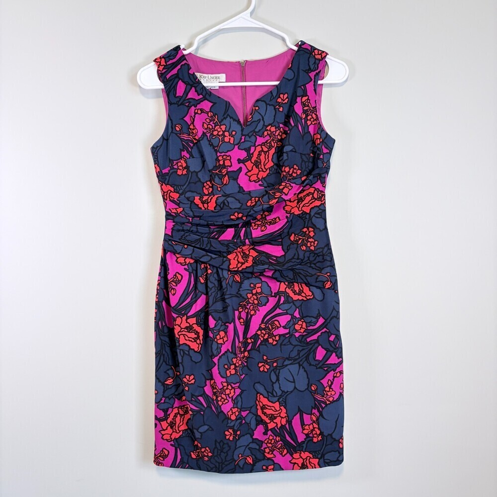 Kay Unger Mini Dress Sleeveless Office Chic Corporate Girlie Floral Blue Size 2